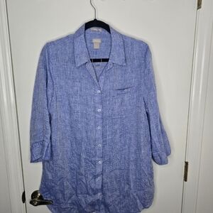 Chico's Blue Button Down 3/4 Sleeve Linen Shirt NWOT Chico Size 2 (12-14)